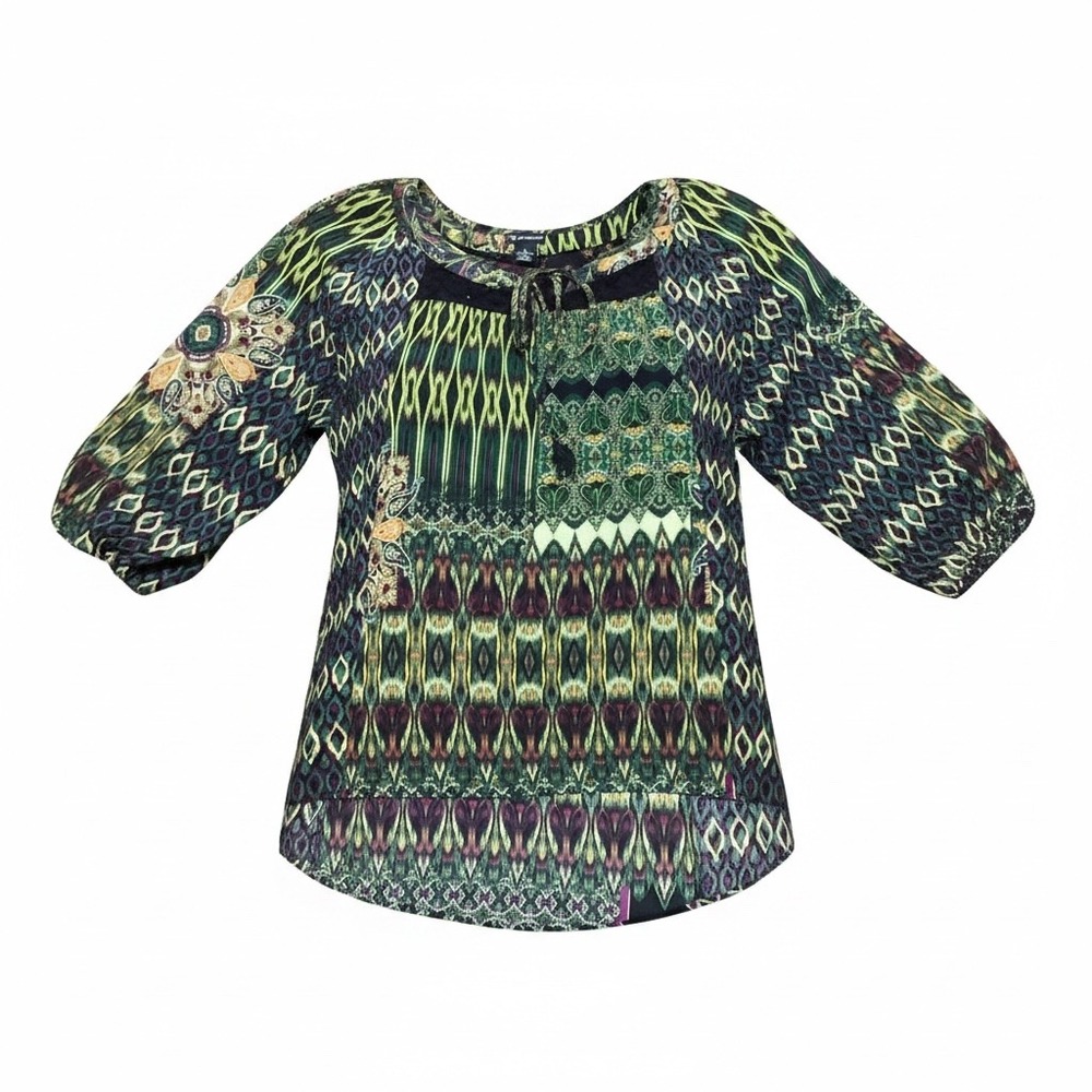 New Directions Women Green Purple Ikat Lace Trim Peasant Blouse Large GER1348